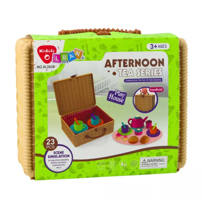 LEAN TOYS Tējas komplekts grozā ar krūzītēm, šķīvjiem, saldumiem, 23 gab.