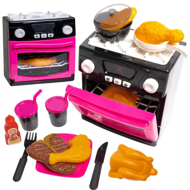 LEAN TOYS Virtuves komplekts ar cepeškrāsni, pārtiku, gaismām, skaņām, rozā