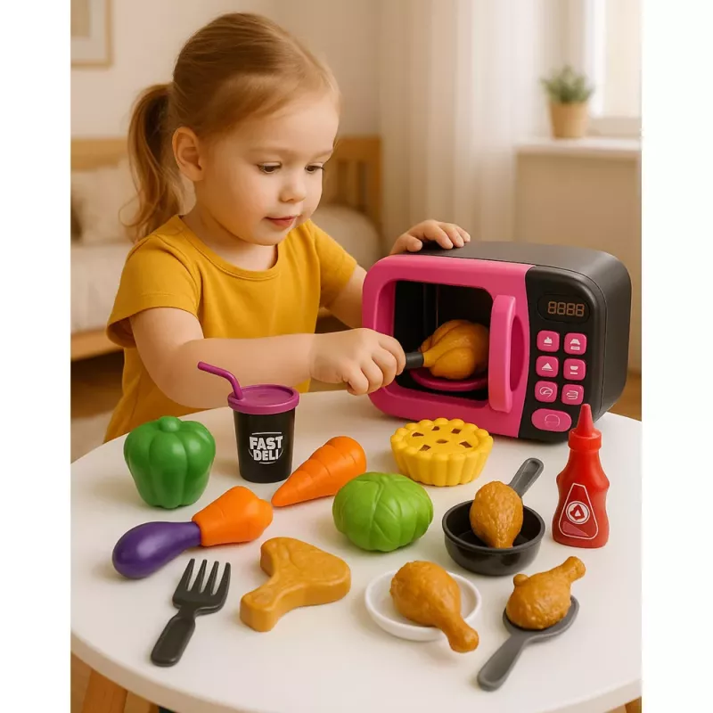 LEAN TOYS Mikroviļņu krāsns rotaļlieta bērniem ar 360° rotāciju, gaismām un skaņām, rozā
