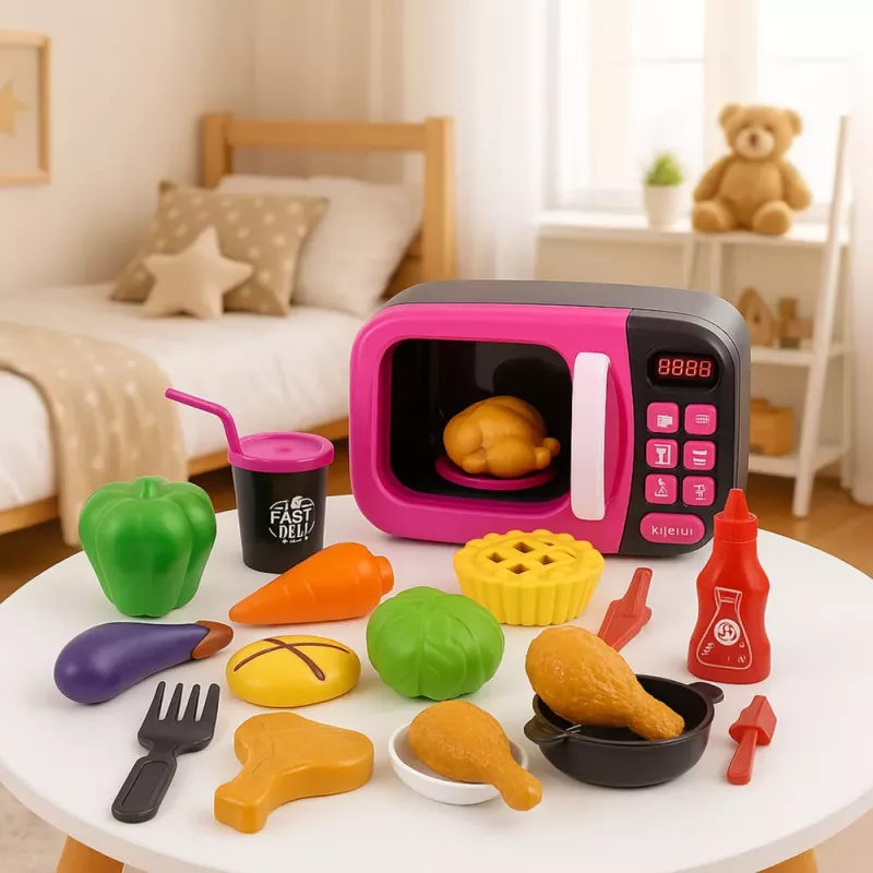 LEAN TOYS Mikroviļņu krāsns rotaļlieta bērniem ar 360° rotāciju, gaismām un skaņām, rozā