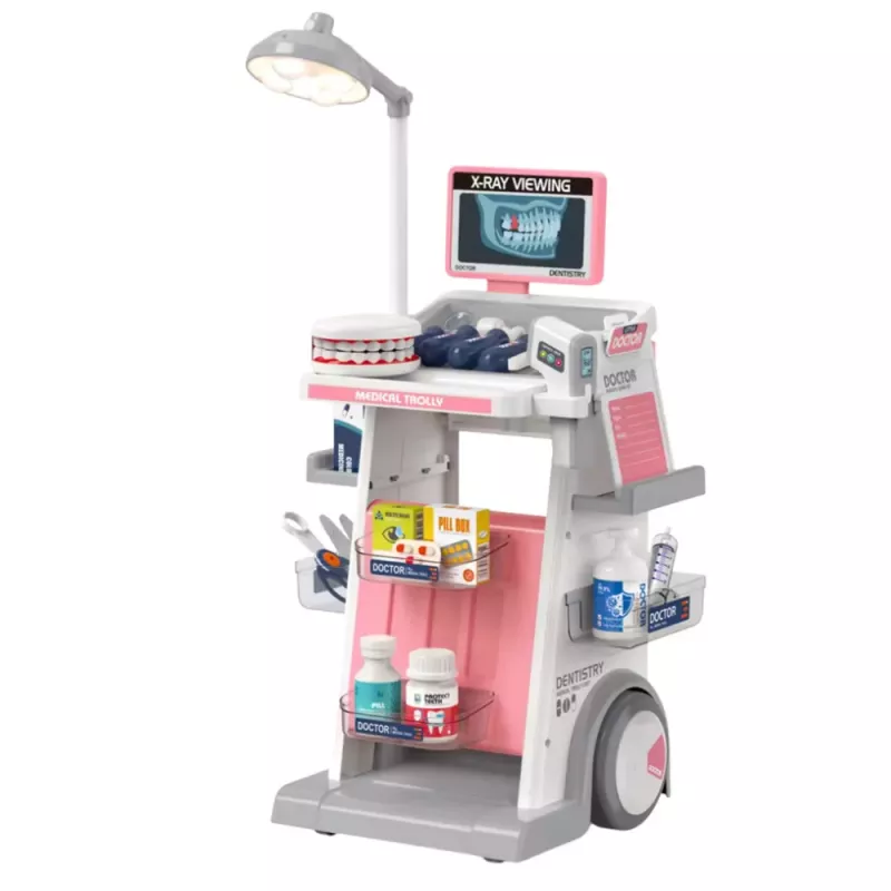 LEAN TOYS Ārsta un zobārsta komplekts ar medicīnas ratiņiem un gaismām, rozā, 26 gab.