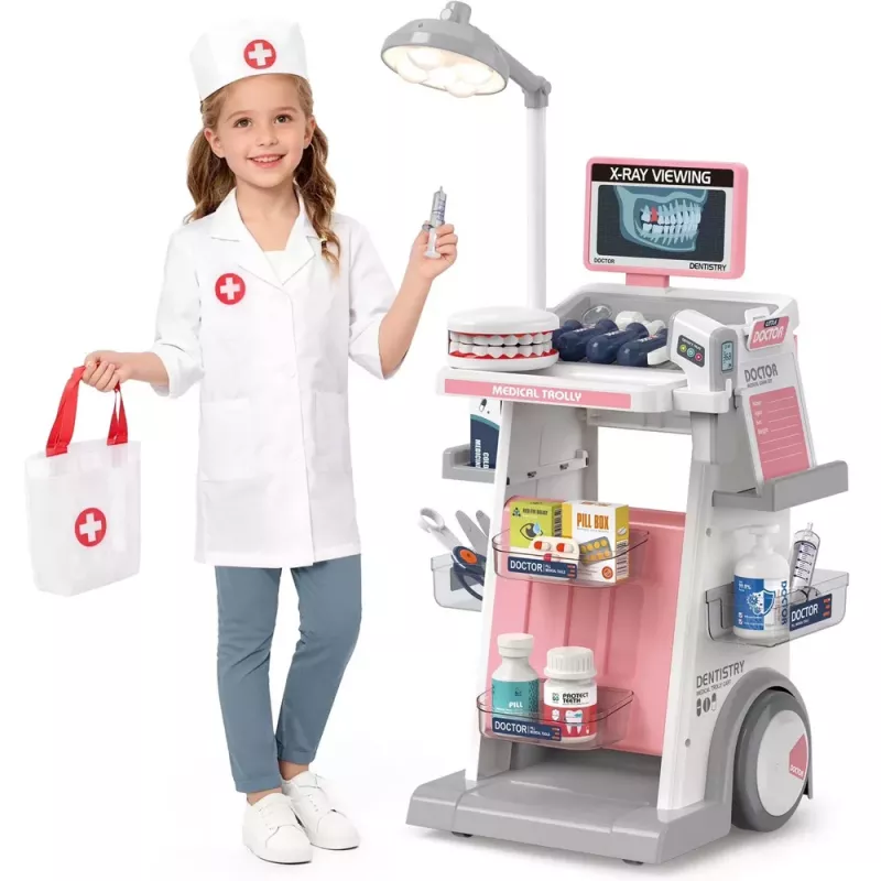 LEAN TOYS Ārsta un zobārsta komplekts ar medicīnas ratiņiem un gaismām, rozā, 26 gab.