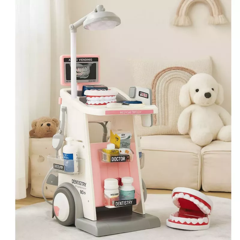LEAN TOYS Ārsta un zobārsta komplekts ar medicīnas ratiņiem un gaismām, rozā, 26 gab.