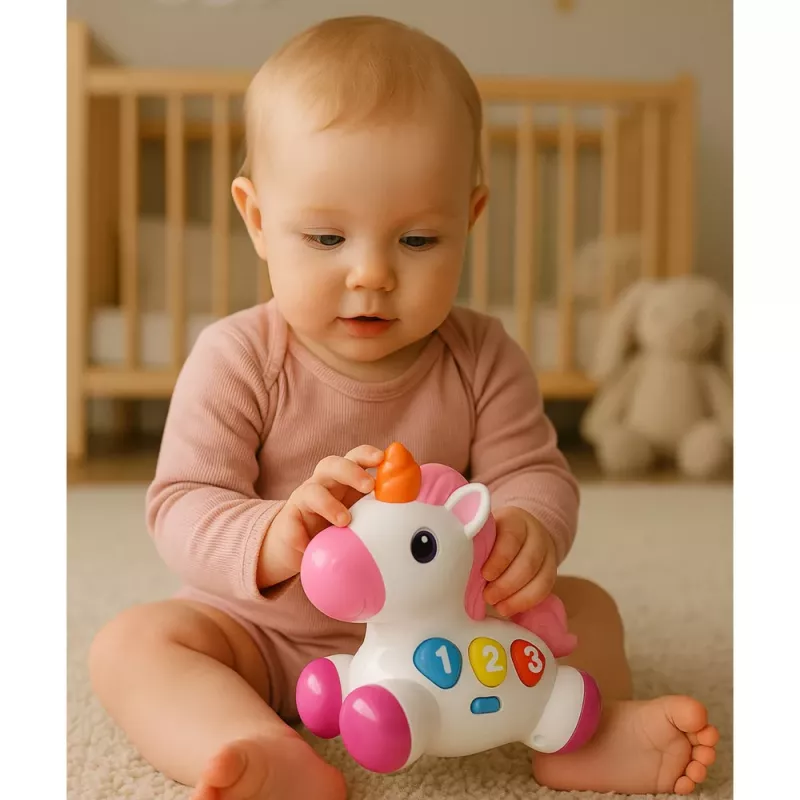 LEAN TOYS Interaktīva rotaļlieta mazuļiem Vienradzis uz riteņiem Gaismas un skaņas