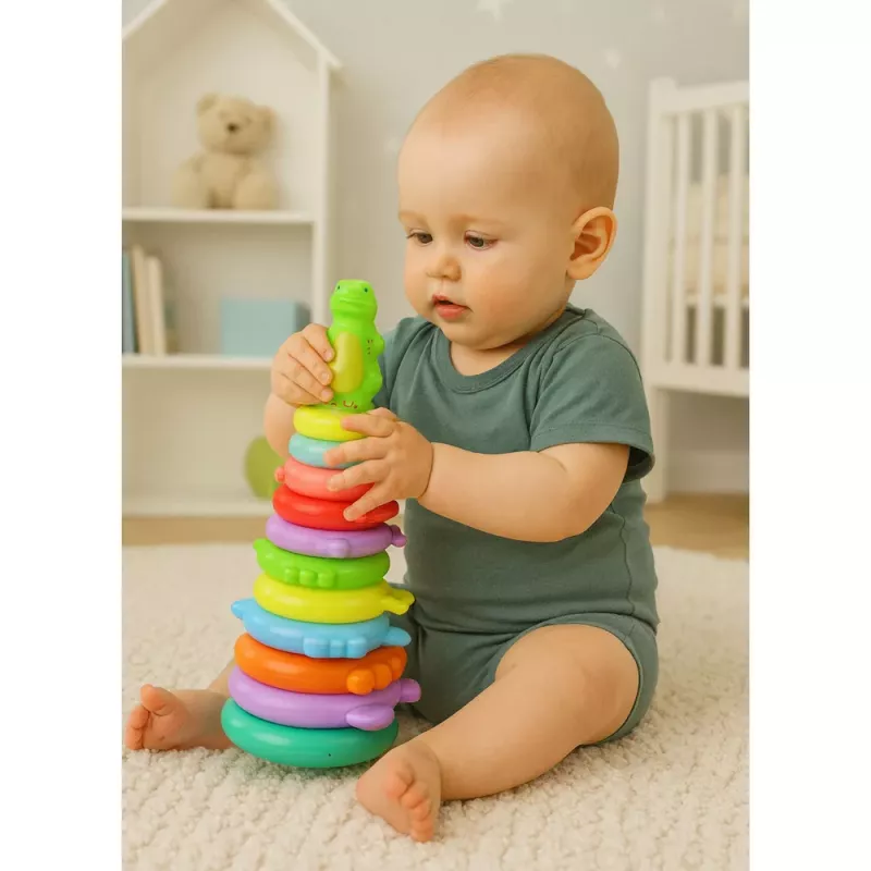 LEAN TOYS Izglītojoša piramīdas puzle ar dinozauru figūrām un uzlīmēm, 12 līmeņi