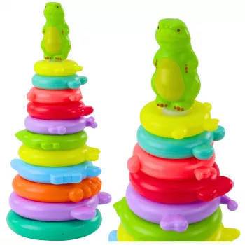 LEAN TOYS Izglītojoša piramīdas puzle ar dinozauru figūrām un uzlīmēm, 12 līmeņi