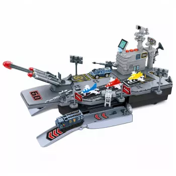LEAN TOYS Militārais komplekts ar aviācijas bāzes kuģi, militāro bāzi, iznīcinātājiem, transportlīdzekļiem, gaismām un skaņu