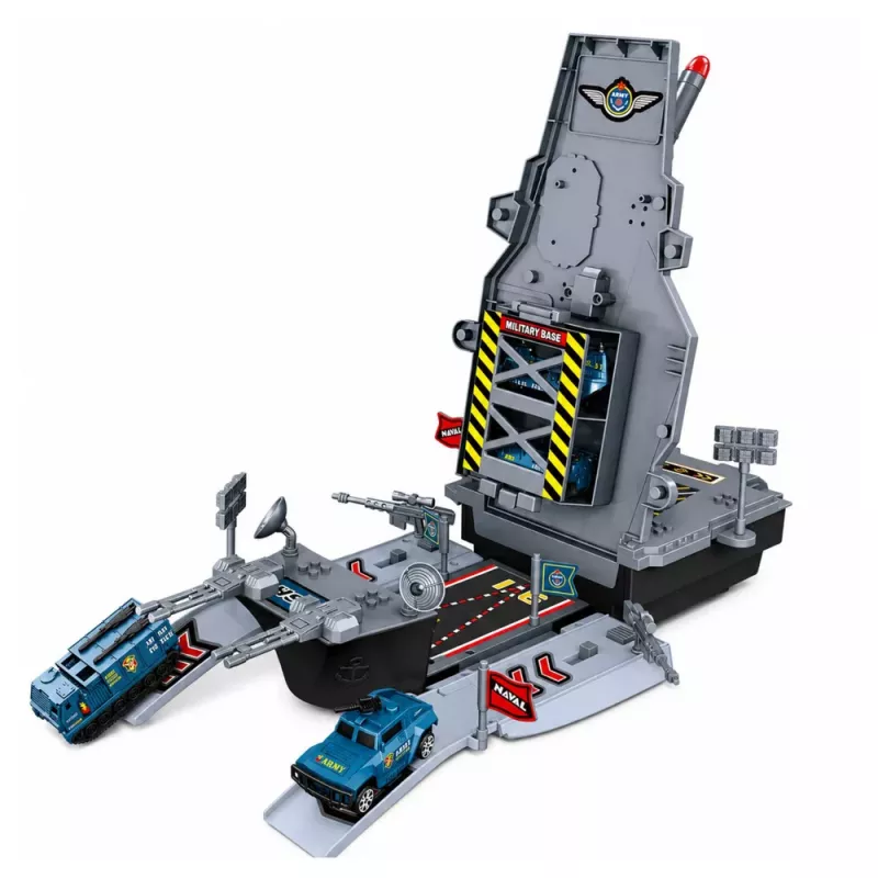LEAN TOYS Militārais komplekts ar aviācijas bāzes kuģi, militāro bāzi, iznīcinātājiem, transportlīdzekļiem, gaismām un skaņu