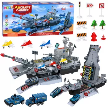LEAN TOYS Militārais komplekts ar aviācijas bāzes kuģi, militāro bāzi, iznīcinātājiem, transportlīdzekļiem, gaismām un skaņu