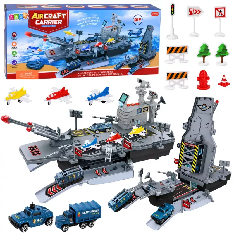 LEAN TOYS Militārais komplekts ar aviācijas bāzes kuģi, militāro bāzi, iznīcinātājiem, transportlīdzekļiem, gaismām un skaņu