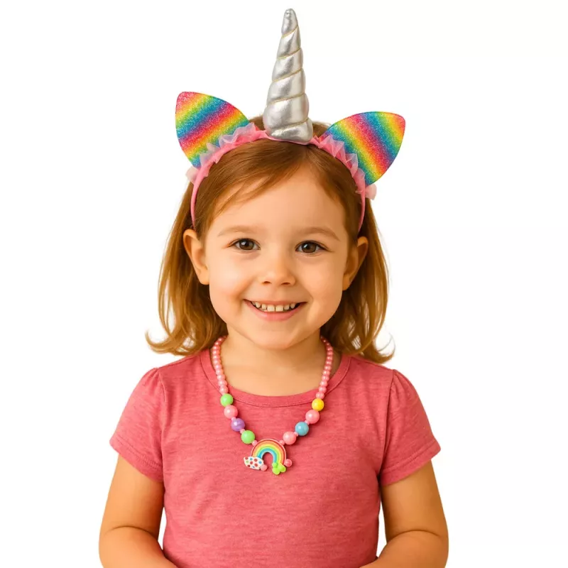 LEAN TOYS Unicorn Costume Accessory Set - Galvas saite, Ausis, Rags, Kaklarota, Krāsains