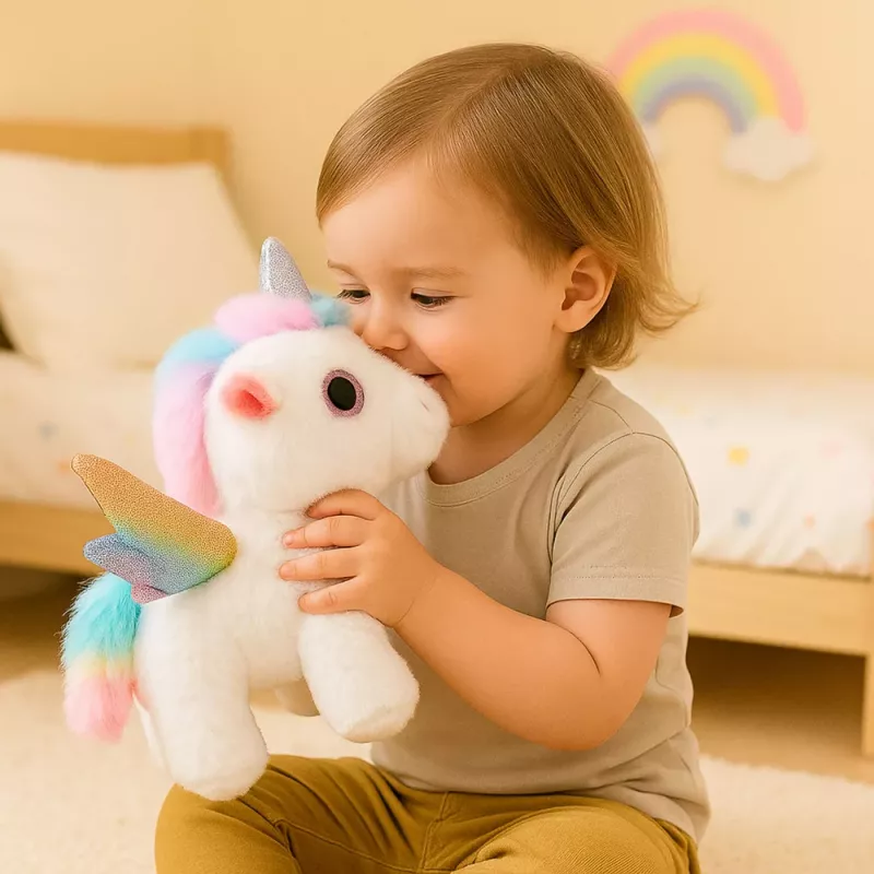 LEAN TOYS Vienradža plīša rotaļlieta ar kustībām un skaņām, balta, 21 cm