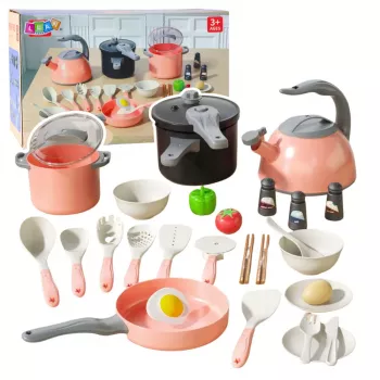 LEAN TOYS Virtuvītes komplekts ar podiem, gatavošanas piederumiem un pārtiku, rozā, 32 gab.