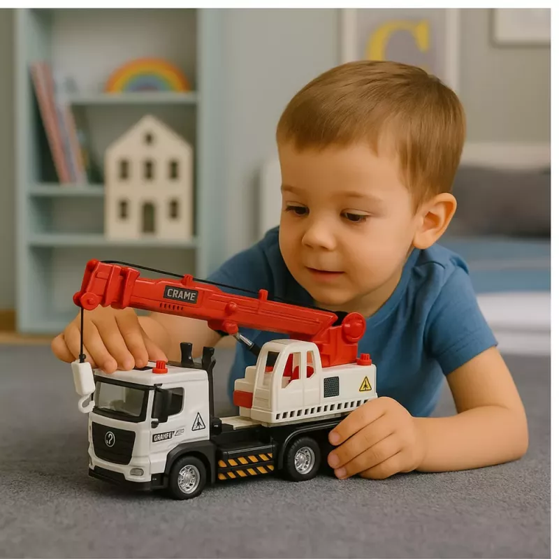 LEAN TOYS Kravas automašīna ar celtni, metāla kabīne, regulējama strēle, gaismas un skaņas sistēma