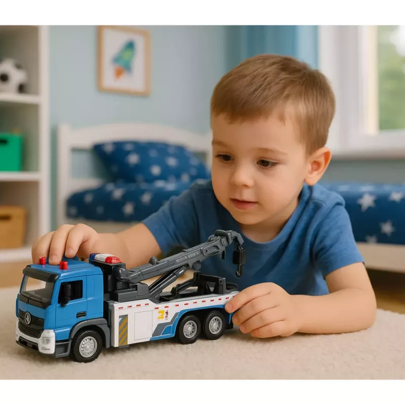LEAN TOYS Transportlīdzeklis Boom Truck Tow Truck Metāla Kabīne Gaismas Skaņas