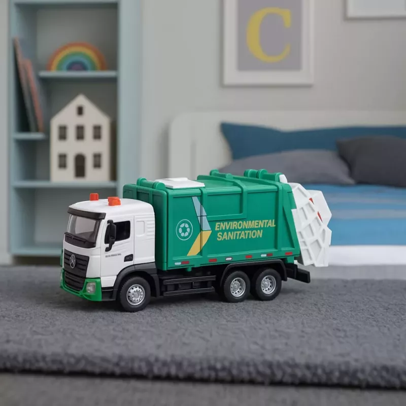 LEAN TOYS Atkritumu mašīna bērniem Metāla kabīne Konteiners Gaismas Skaņas Zaļa