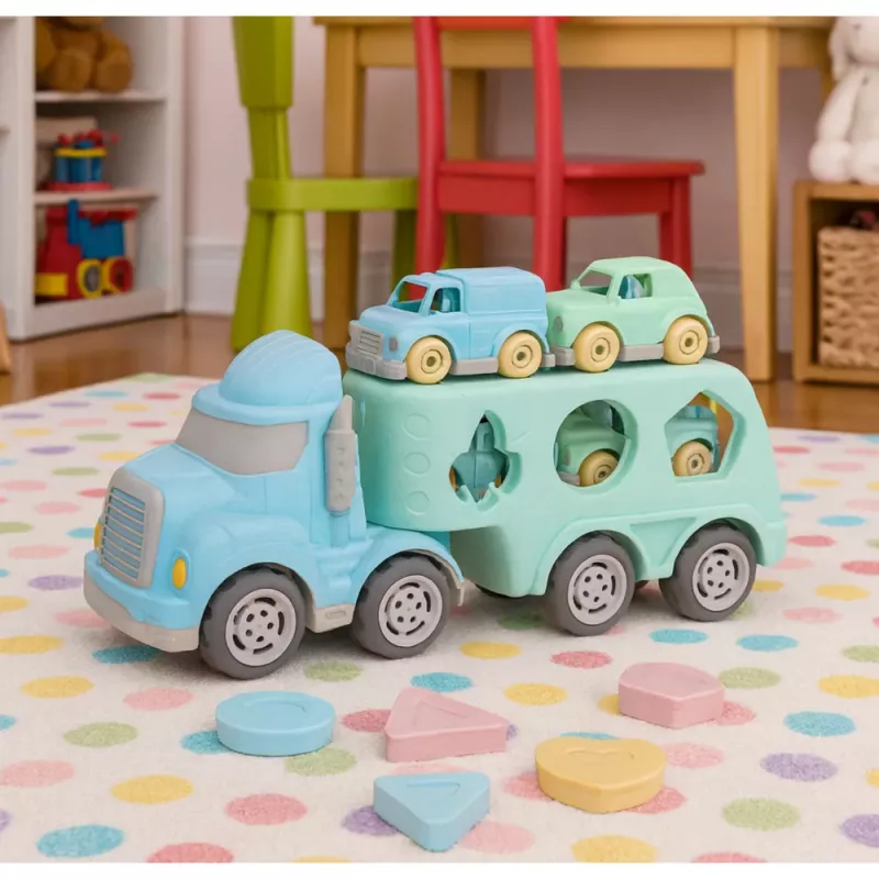 LEAN TOYS Truck Tow Truck Educational Sorter With Cars Blocks Pastel BIO Plastic