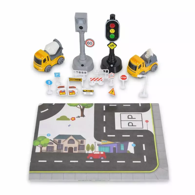 LEAN TOYS Ceļu satiksmes gaismu, ātruma kameras, paklāja, celtniecības mašīnu komplekts ar gaismām un skaņām