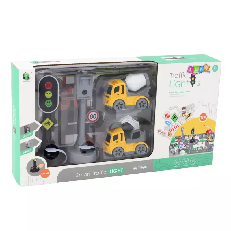 LEAN TOYS Ceļu satiksmes gaismu, ātruma kameras, paklāja, celtniecības mašīnu komplekts ar gaismām un skaņām