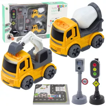 LEAN TOYS Ceļu satiksmes gaismu, ātruma kameras, paklāja, celtniecības mašīnu komplekts ar gaismām un skaņām