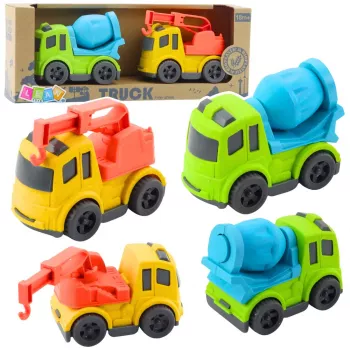 LEAN TOYS Celtniecības transportlīdzekļu komplekts: Automašīnas, Betona maisītājs, Kravas automašīna ar āķi, BIOPlastmasa