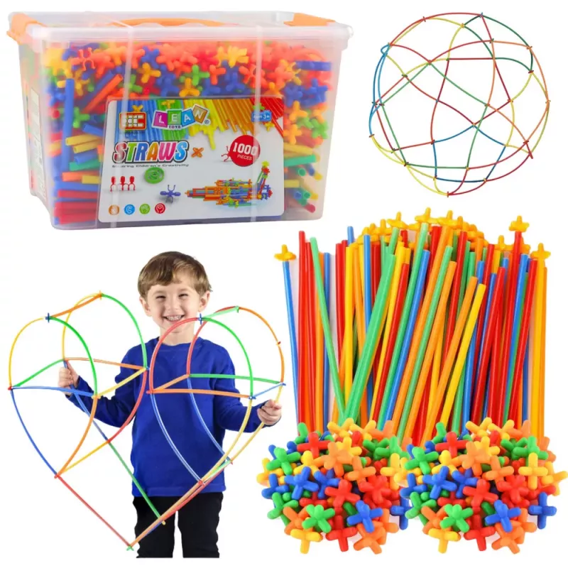 LEAN TOYS Straws 3D 4D Construction Blocks in a Box, Colorful, 1000 pcs.