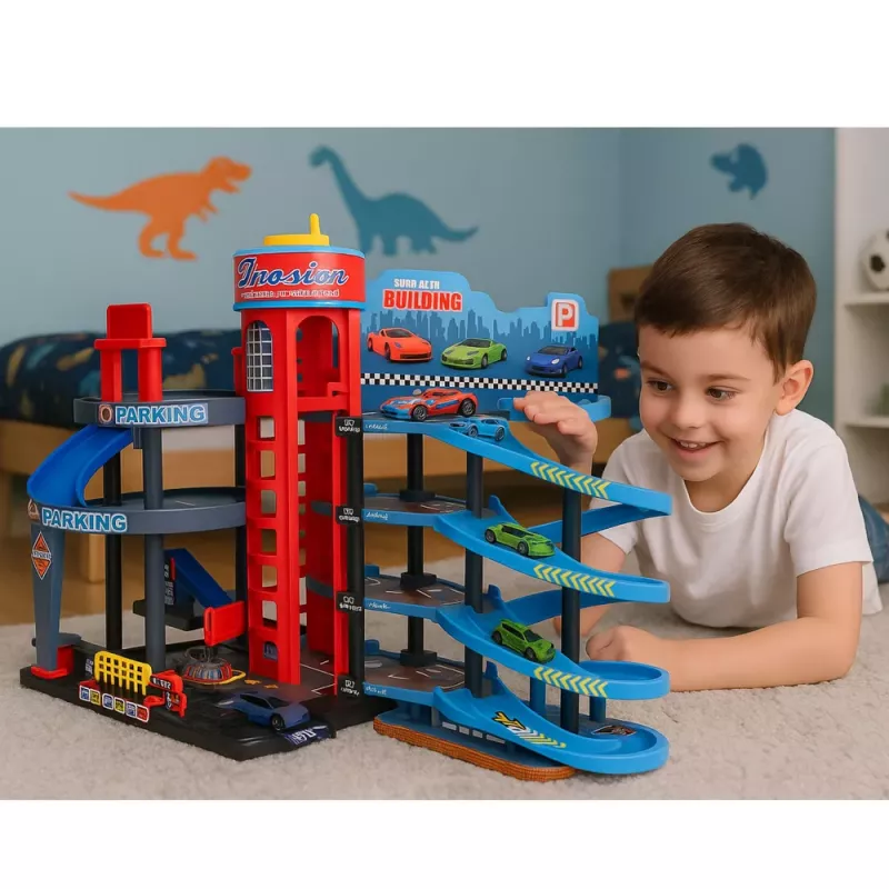 LEAN TOYS Autostāvvieta ar Mašīnām, 4 Līmeņu Trase, 8 Metāla Transportlīdzekļi, Uzlīmes