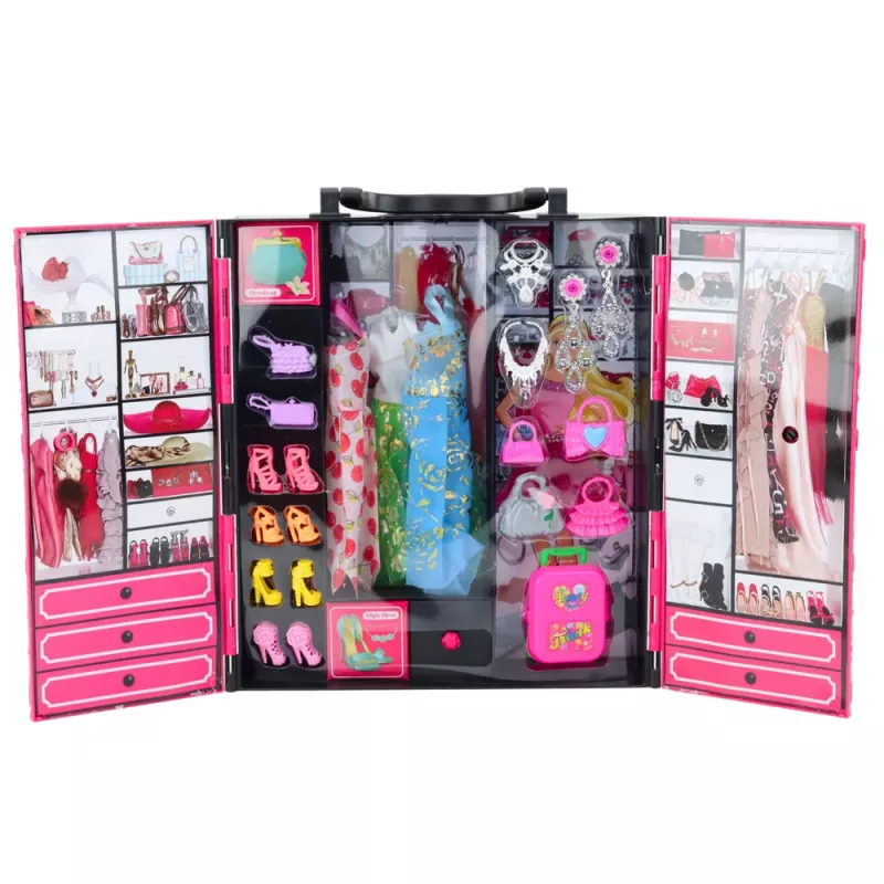 LEAN TOYS Pink Wardrobe Set for Dolls, Dresses, Shoes, Accessories