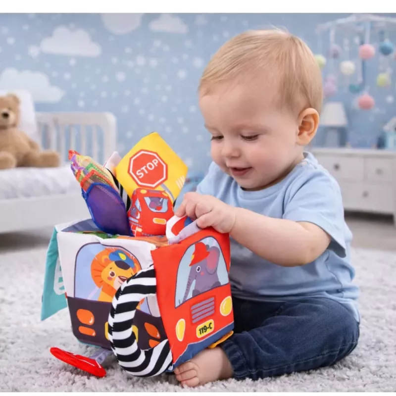 LEAN TOYS Mīkstais sensoriskais kubs ar spoguli, automašīnām un ceļa zīmēm mazuļiem