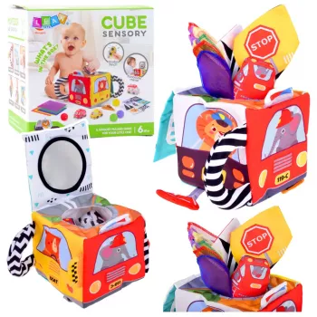 LEAN TOYS Mīkstais sensoriskais kubs ar spoguli, automašīnām un ceļa zīmēm mazuļiem