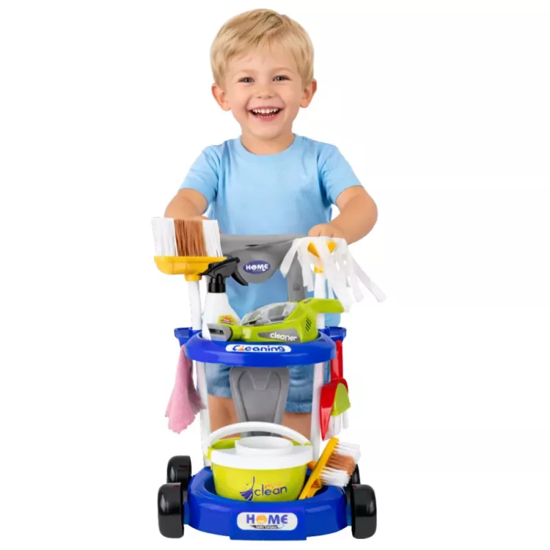 LEAN TOYS Bērnu tīrīšanas komplekts ar ratiņiem un interaktīvu putekļu sūcēju