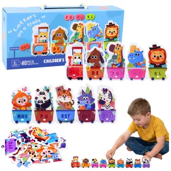 LEAN TOYS Izglītojošā Puzle Maziem Bērniem Alfabēta Vilciens Ar Dzīvniekiem 40 gab.