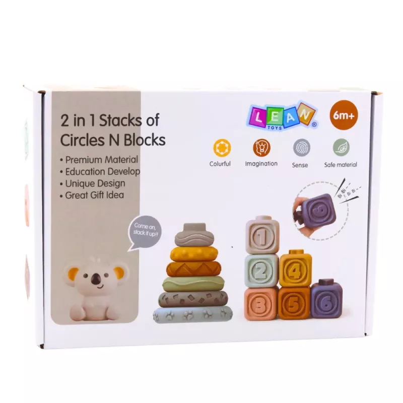 LEAN TOYS Sensoriskie izglītojošie bloki Tornis no mīkstiem gumijas blokiem Koala 13 gab.
