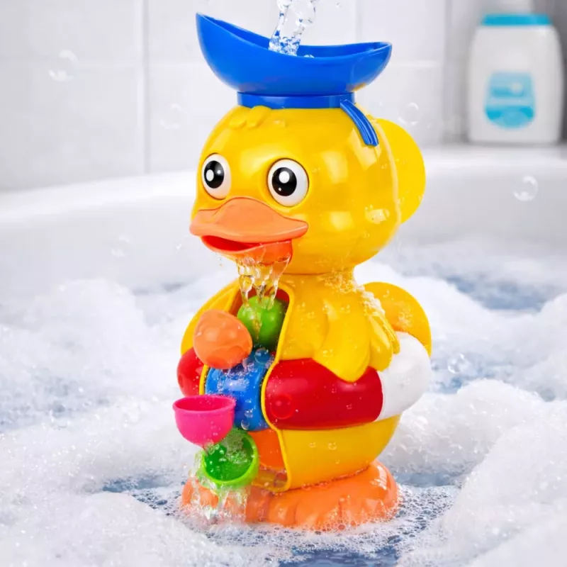 LEAN TOYS Interaktīvā vannas rotaļlieta Pīle ar dzirnaviņām, piesūcekņiem un karoti