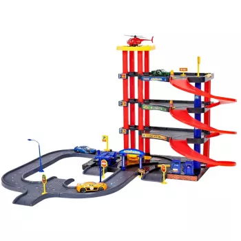 LEAN TOYS Daudzstāvu autostāvvieta 4 līmeņi ar liftu, helikopteru un automašīnām 70 daļas