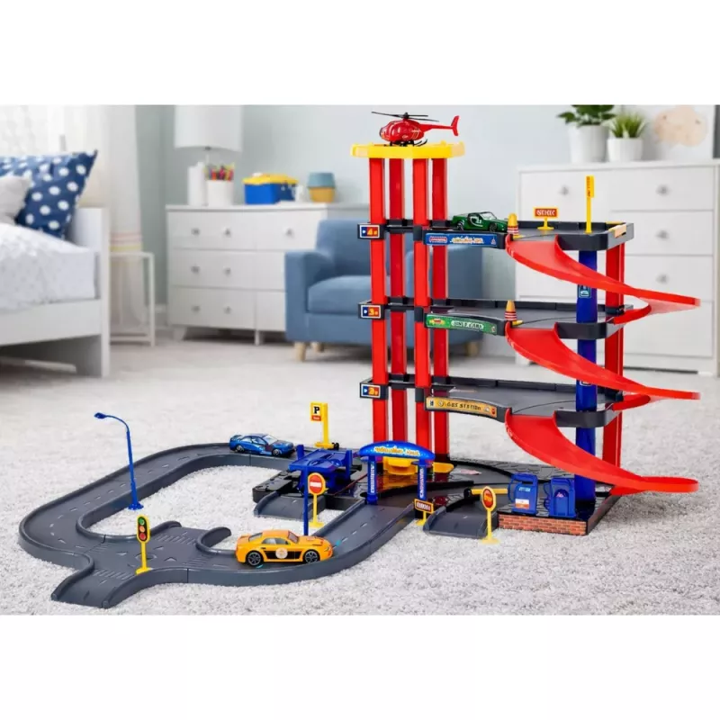 LEAN TOYS Daudzstāvu autostāvvieta 4 līmeņi ar liftu, helikopteru un automašīnām 70 daļas