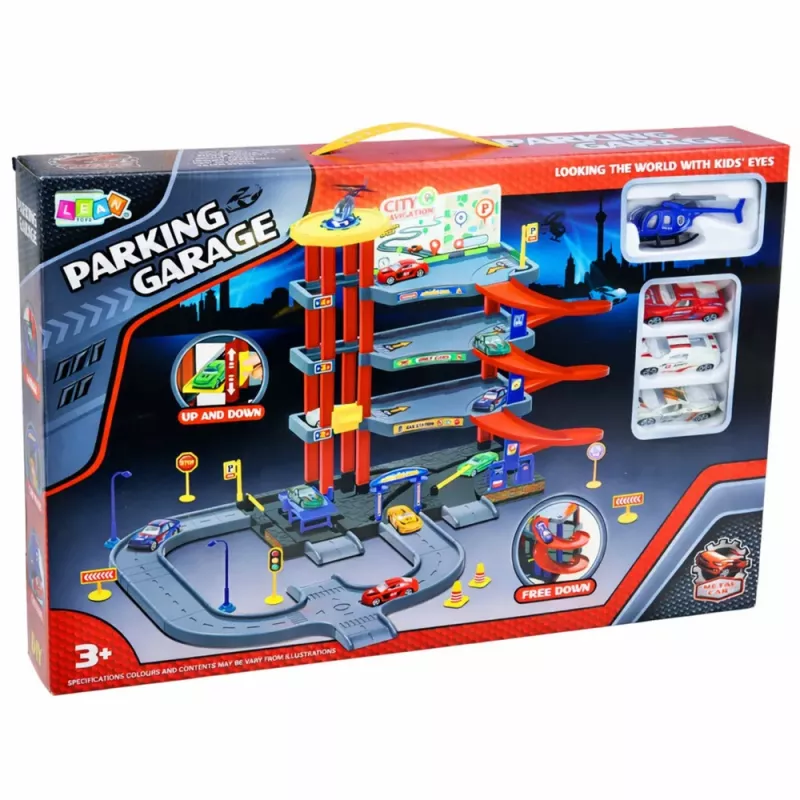 LEAN TOYS Daudzstāvu autostāvvieta 4 līmeņi ar liftu, helikopteru un automašīnām 70 daļas