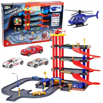 LEAN TOYS Daudzstāvu autostāvvieta 4 līmeņi ar liftu, helikopteru un automašīnām 70 daļas