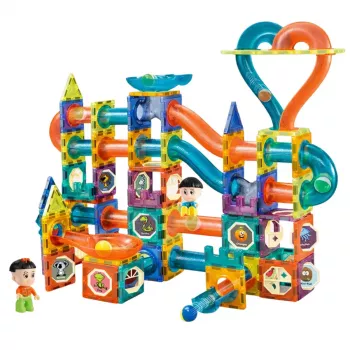 LEAN TOYS Magnētisko bloku komplekts ar bumbiņu trasi un slidkalniņu, krāsains, 188 gab.