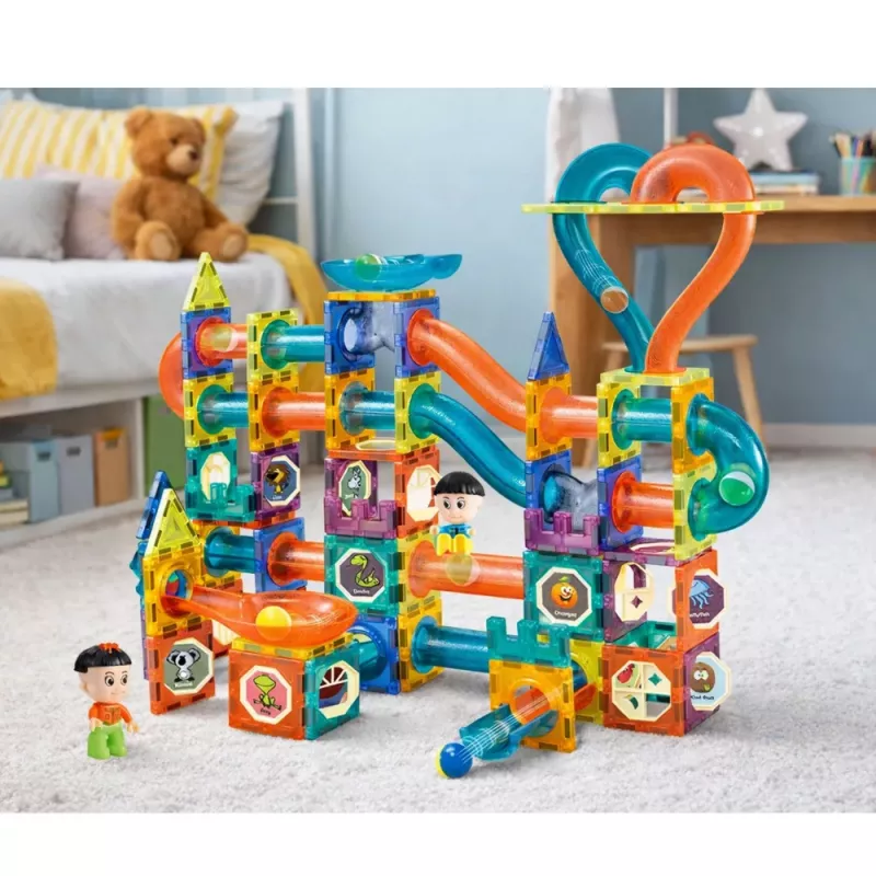 LEAN TOYS Magnētisko bloku komplekts ar bumbiņu trasi un slidkalniņu, krāsains, 188 gab.