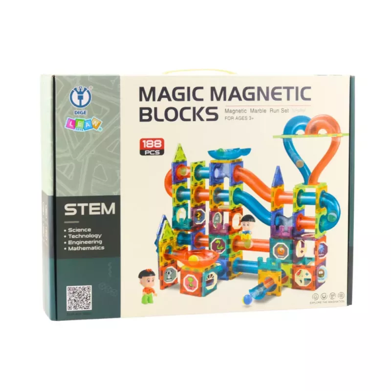 LEAN TOYS Magnētisko bloku komplekts ar bumbiņu trasi un slidkalniņu, krāsains, 188 gab.
