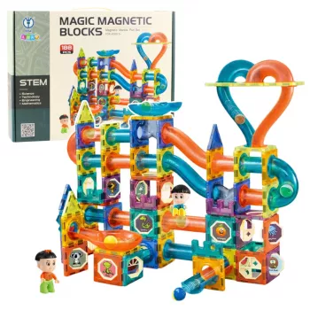 LEAN TOYS Magnētisko bloku komplekts ar bumbiņu trasi un slidkalniņu, krāsains, 188 gab.