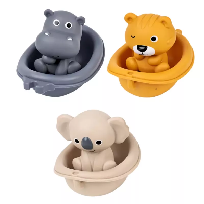 LEAN TOYS Vannas rotaļlietu komplekts Dzīvnieki laivās ar slidkalniņu 11 gab.