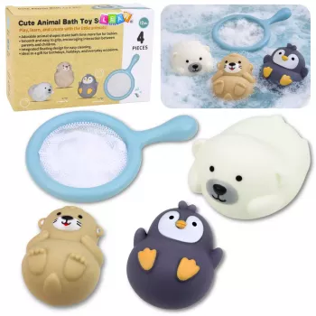 LEAN TOYS Vannas rotaļlietu komplekts Makšķerēšanas gumijas dzīvnieki Pasteļkrāsas sietiņš 4 gab.