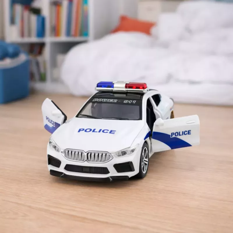 LEAN TOYS Policijas auto ar atveramām durvīm, motorizēts, gaismas un skaņas, balts
