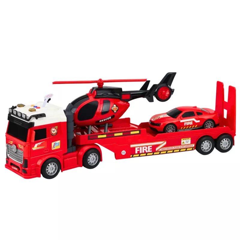 LEAN TOYS Ugunsdzēsēju glābšanas komplekts ar ugunsdzēsēju mašīnu, evakuatoru, helikopteru, automašīnu, gaismām un skaņu