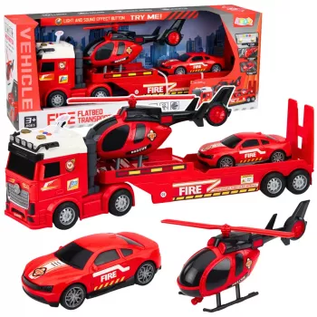 LEAN TOYS Ugunsdzēsēju glābšanas komplekts ar ugunsdzēsēju mašīnu, evakuatoru, helikopteru, automašīnu, gaismām un skaņu