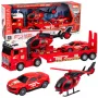 LEAN TOYS Ugunsdzēsēju glābšanas komplekts ar ugunsdzēsēju mašīnu, evakuatoru, helikopteru, automašīnu, gaismām un skaņu