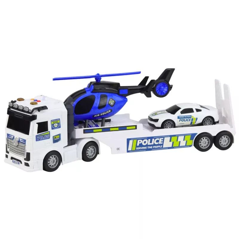 LEAN TOYS Policijas kravas auto, evakuators, helikopters, automašīna ar gaismām un skaņām