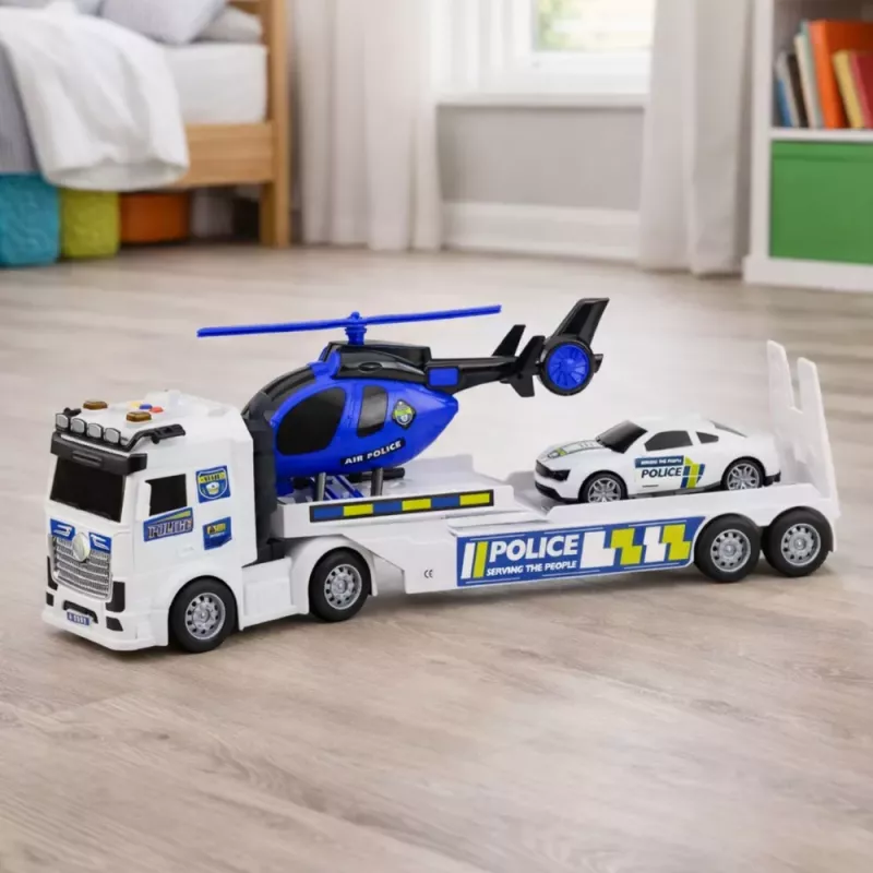 LEAN TOYS Policijas kravas auto, evakuators, helikopters, automašīna ar gaismām un skaņām